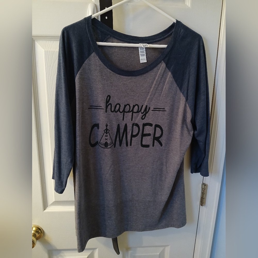 District "Happy Camper" Raglan 3/4 Sleeve Tee in Heather Gray and Navy